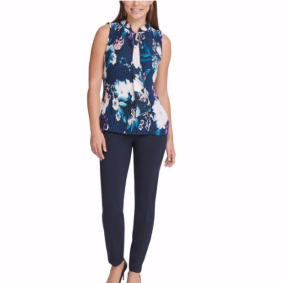 DKNY Womens Navy Pleated Floral Sleeveless Tie Top - Picture 1 of 2